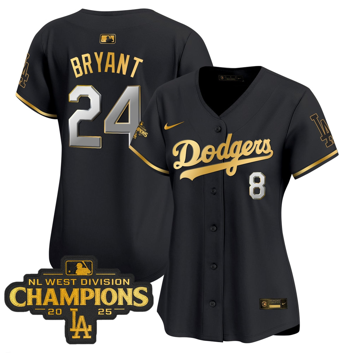 Women's Dodgers 2025 NL West Division Champions Patch Gold Trim Vapor Premier Limited Jersey - All Stitched