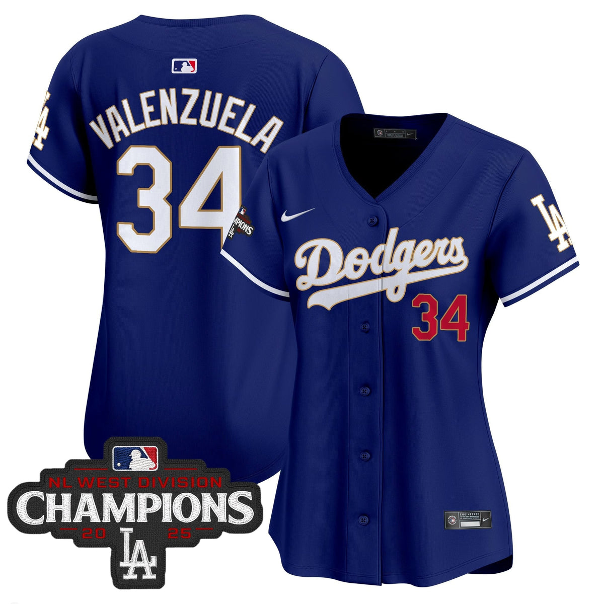 Women's Dodgers 2025 NL West Division Champions Patch Gold Trim Vapor Premier Limited Jersey - All Stitched
