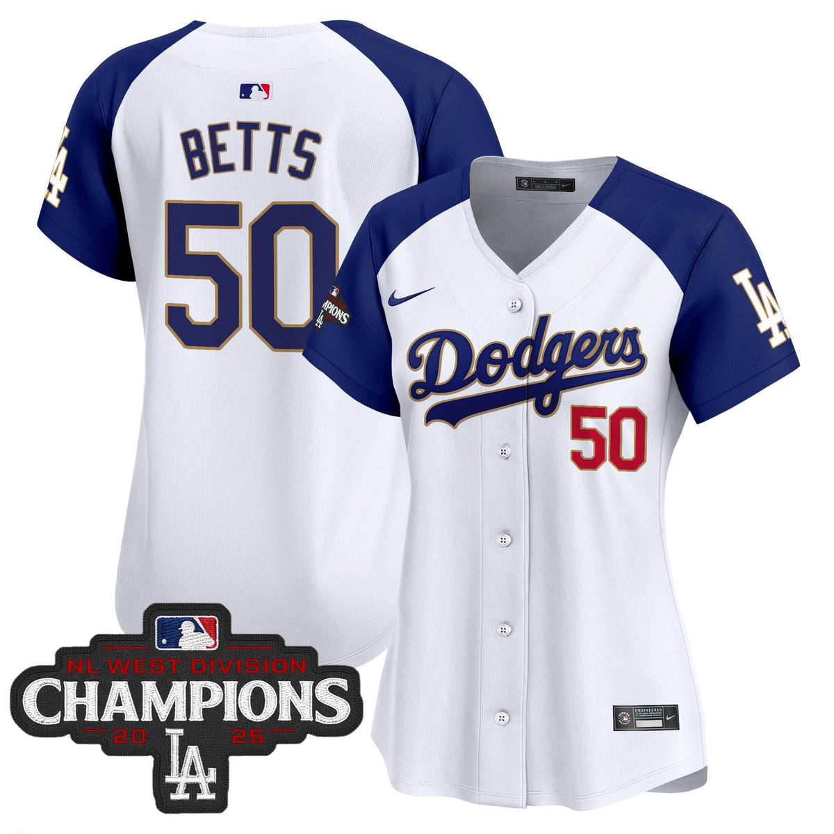 Women's Dodgers 2025 NL West Division Champions Patch Gold Trim Vapor Premier Limited Jersey - All Stitched