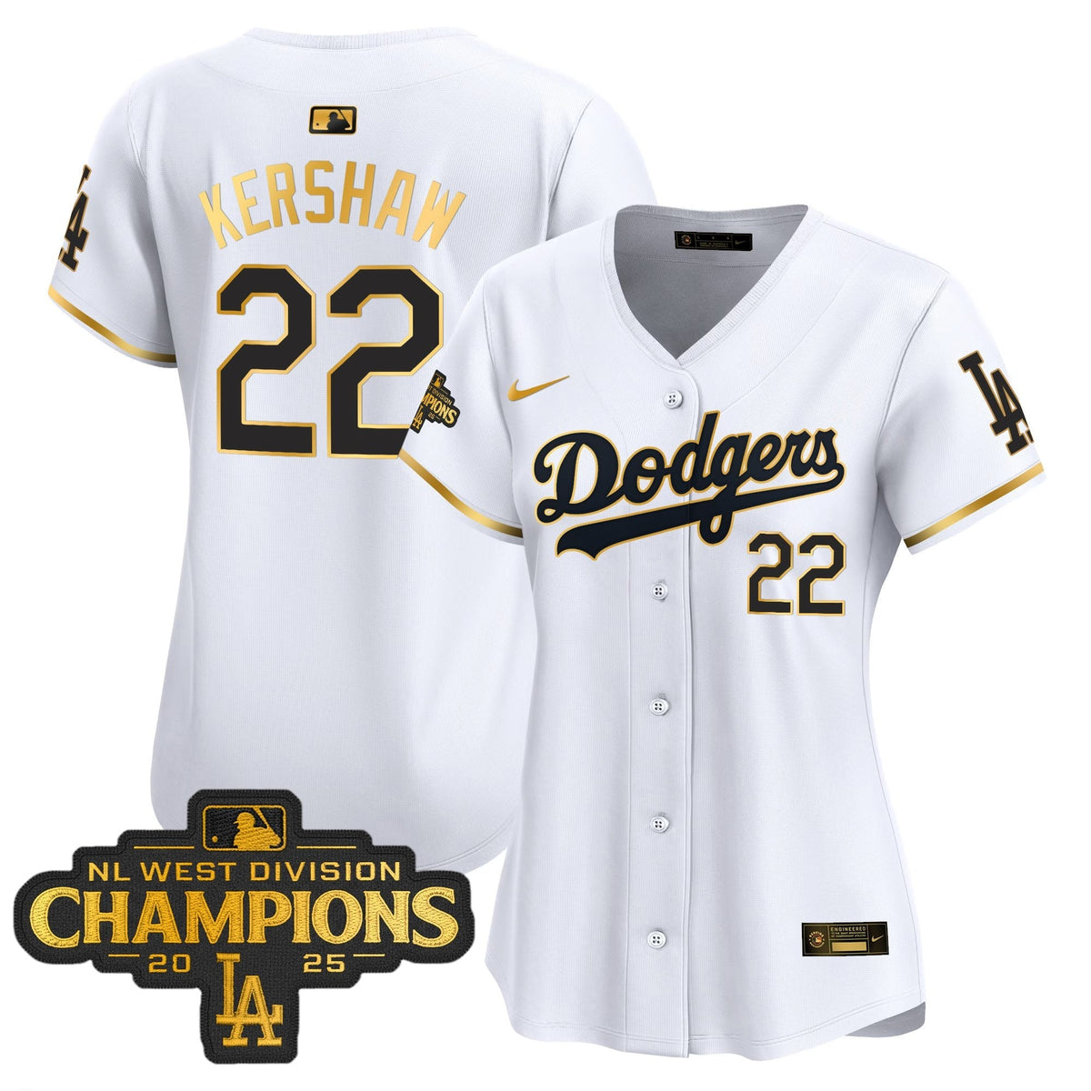 Women's Dodgers 2025 NL West Division Champions Patch Gold Trim Vapor Premier Limited Jersey - All Stitched