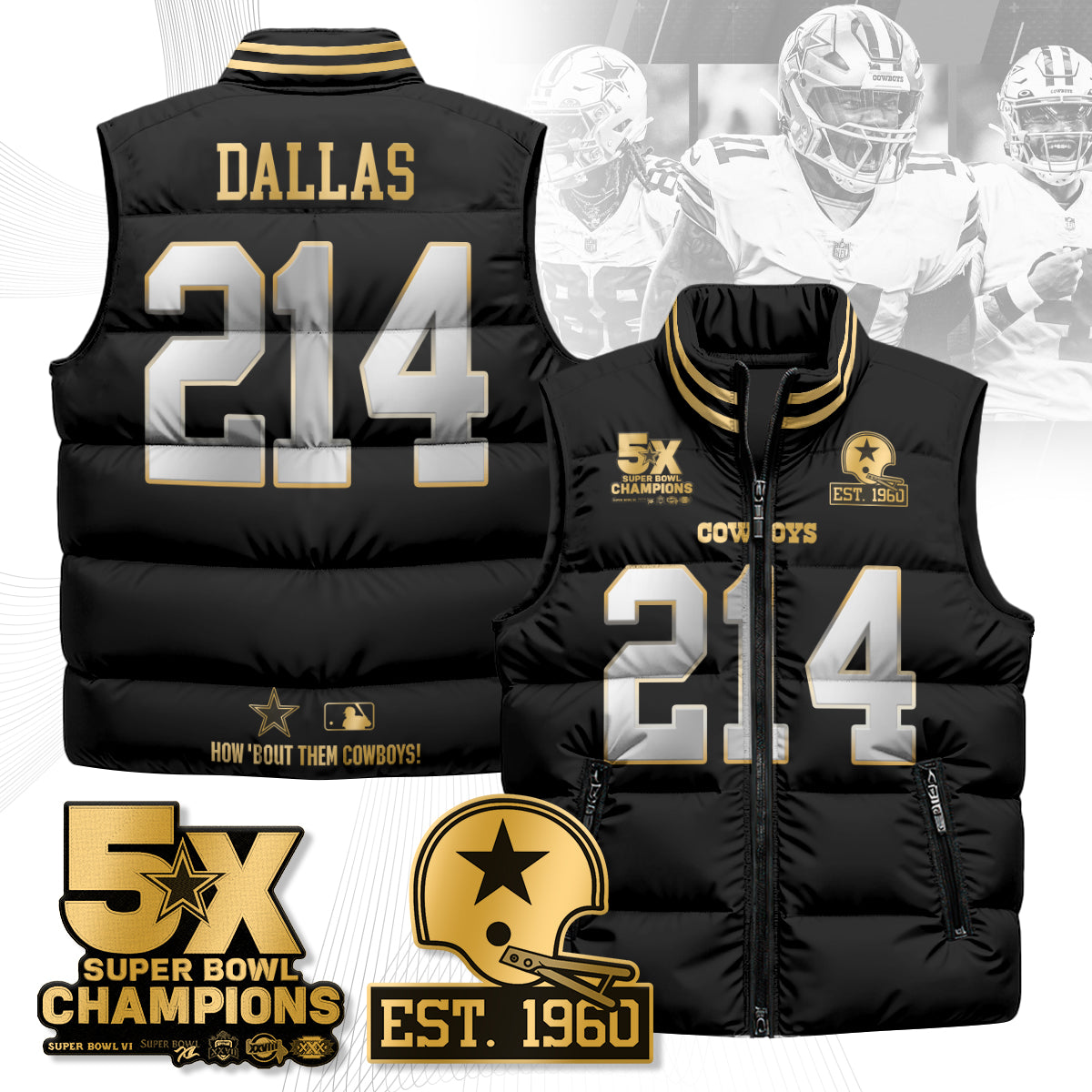 DAL 5-Time Champions Gold Unisex Puffer Vest