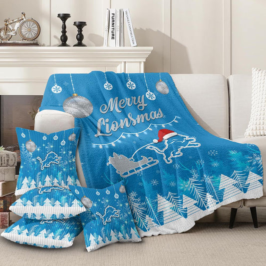 Detroit Lions | Premium Christmas Fleece Blanket & Throw Pillow Combo MM