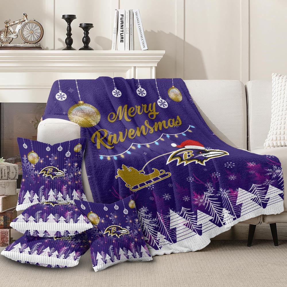 Baltimore Ravens | Premium Christmas Fleece Blanket & Throw Pillow Combo MM