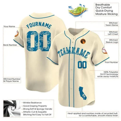 CUSTOM CREAM BLUE PALM TREES CALIFORNIA MAP BASEBALL JERSEY - EMBROIDERED