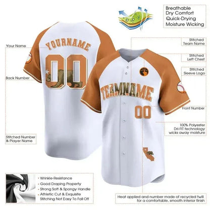 CUSTOM WHITE ALTERNATE ORANGE CALIFORNIA MAP BASEBALL JERSEY - EMBROIDERED