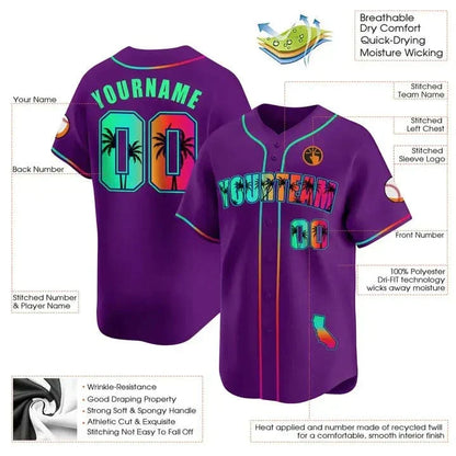 CUSTOM PURPLE GREEN CALIFORNIA BEACH BASEBALL JERSEY - EMBROIDERED