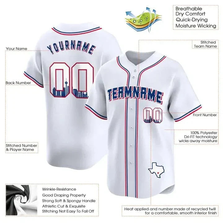 CUSTOM WHITE ROYAL SAN ANTONIO TEXAS PATTERN BASEBALL JERSEY - EMBROIDERED