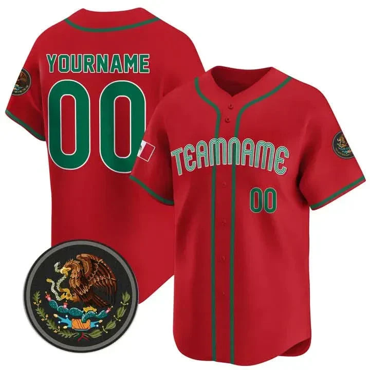 CUSTOM RED GREEN MEXICO BASEBALL JERSEY - EMBROIDERED